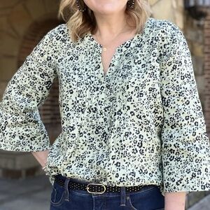 J. Jill | Love Linen Mint & Navy Floral Boho Cottagecore 100% Linen Blouse, S